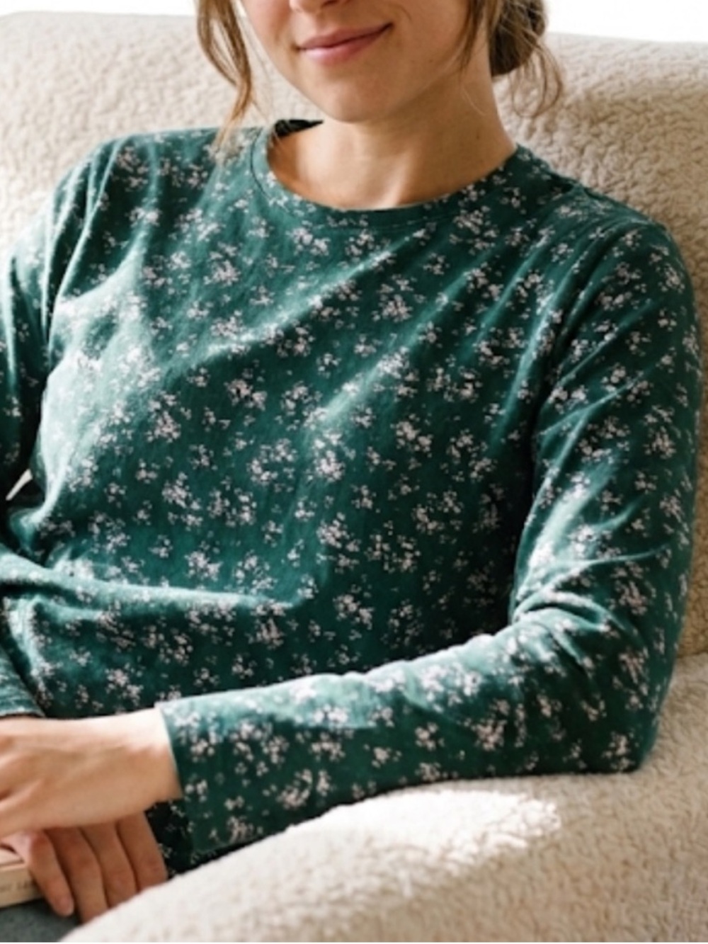Lake 100% Pima Cotton Green White Floral Long Sleeve Top Small